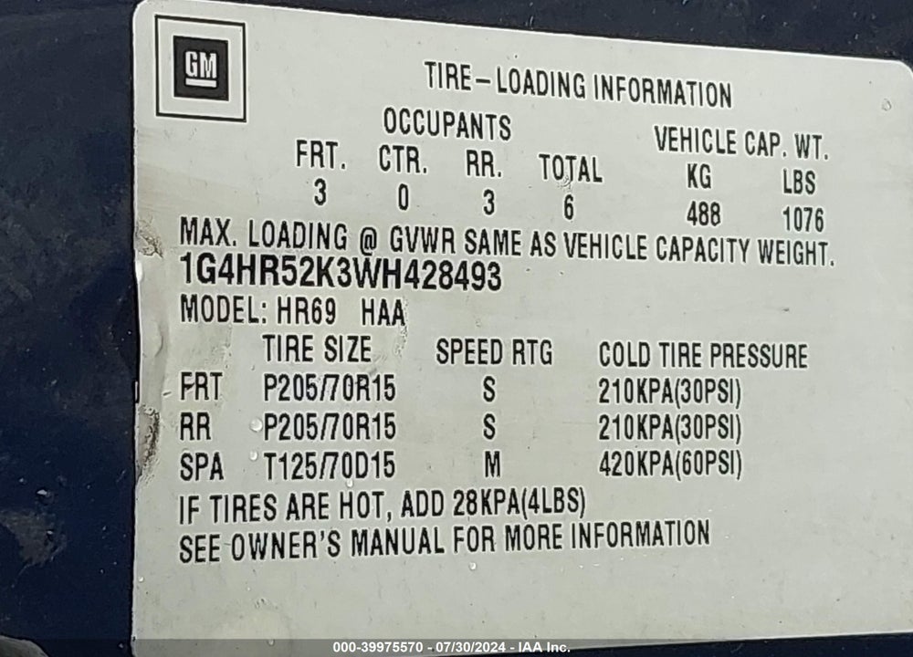 1998 BUICK LESABRE LIMITED VIN: 1G4HR52K3WH428493