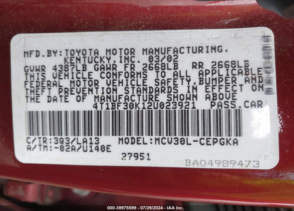 2002 TOYOTA CAMRY XLE V6 VIN: 4T1BF30K12U023921