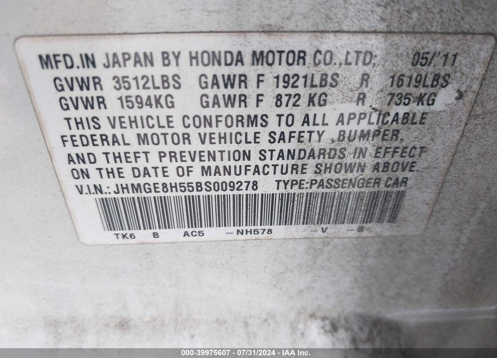 2011 HONDA FIT SPORT VIN: JHMGE8H55BS009278