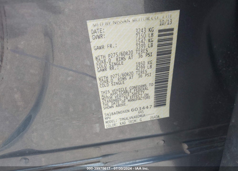 2014 NISSAN ARMADA SL VIN: 5N1BA0NDXEN603447