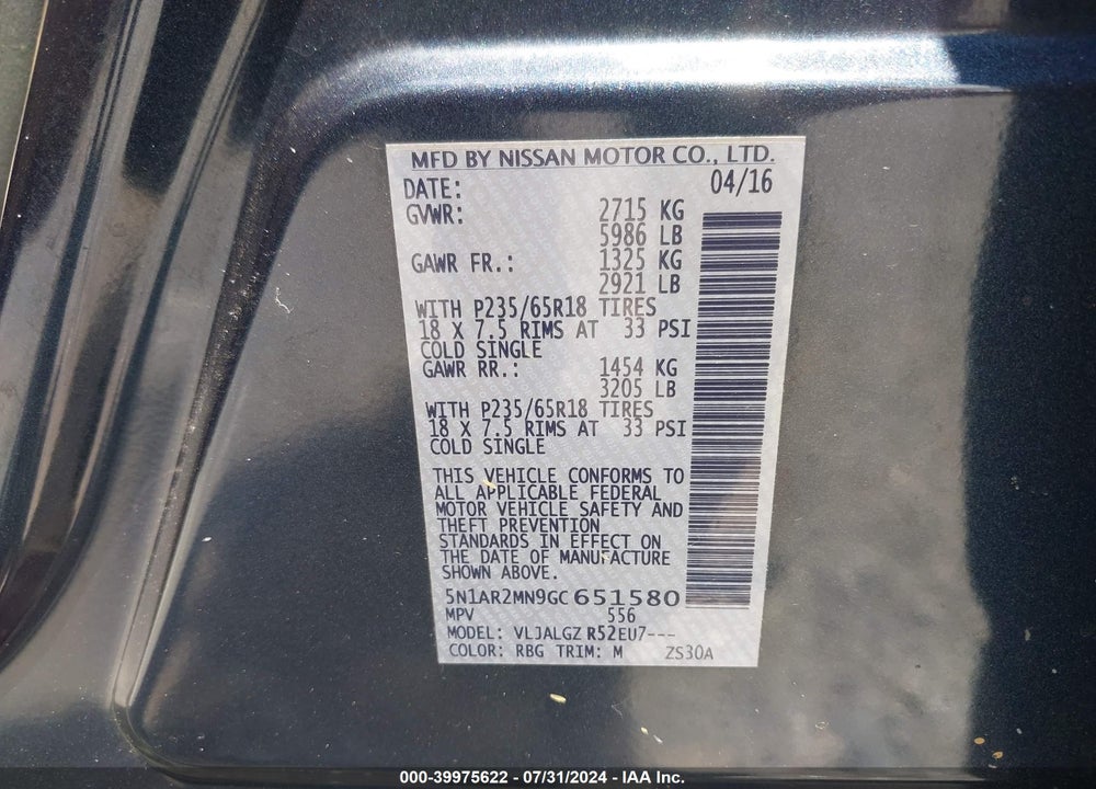 2016 NISSAN PATHFINDER PLATINUM/S/SL/SV VIN: 5N1AR2MN9GC651580
