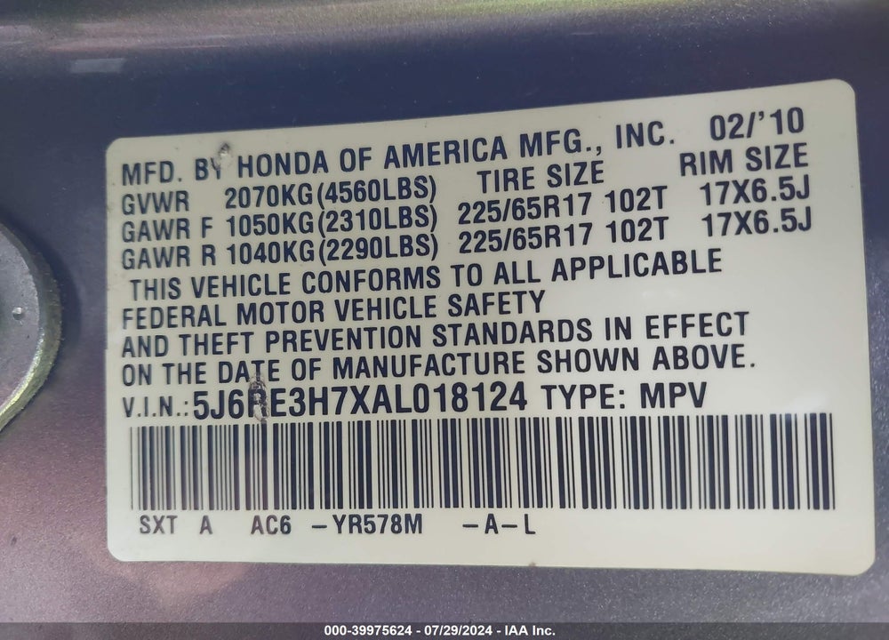 2010 HONDA CR-V EX-L VIN: 5J6RE3H7XAL018124