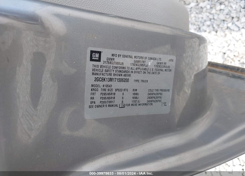 2007 CHEVROLET SILVERADO 1500 LTZ VIN: 2GCEK13M171506200