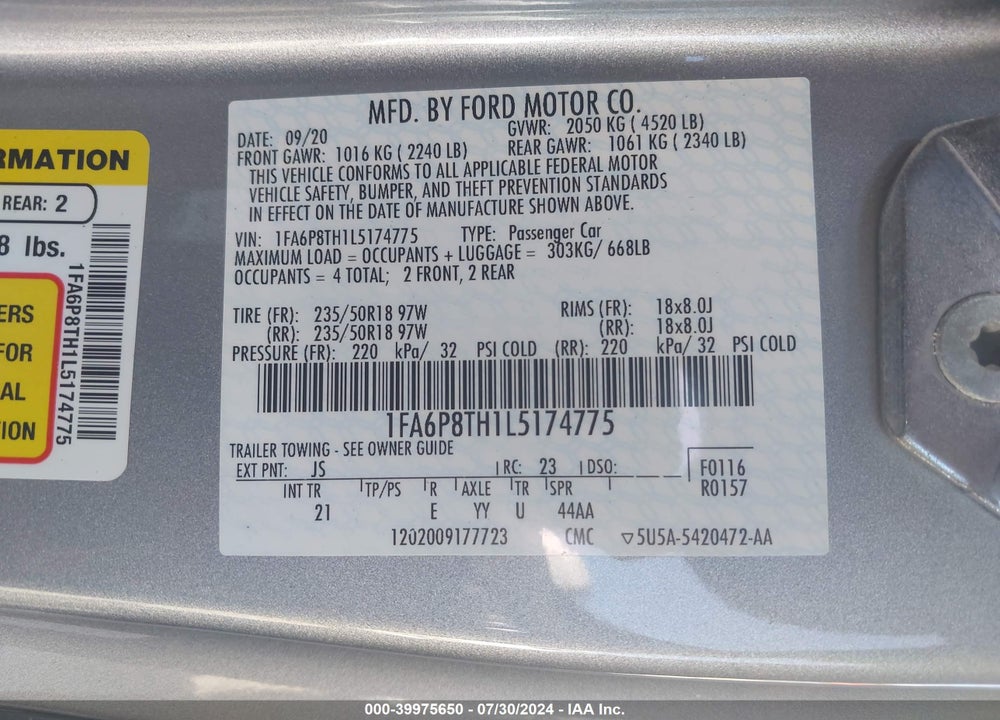 2020 FORD MUSTANG ECOBOOST FASTBACK VIN: 1FA6P8TH1L5174775