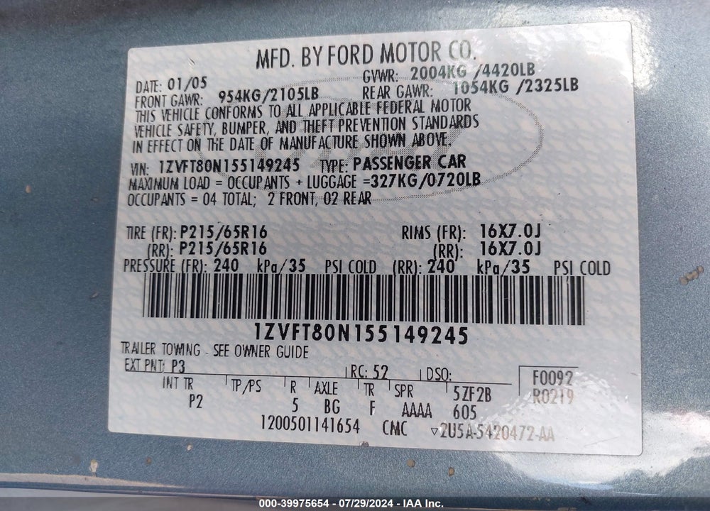 2005 FORD MUSTANG V6 DELUXE/V6 PREMIUM VIN: 1ZVFT80N155149245