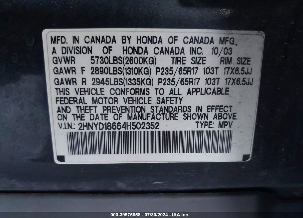 2004 ACURA MDX VIN: 2HNYD18664H502352