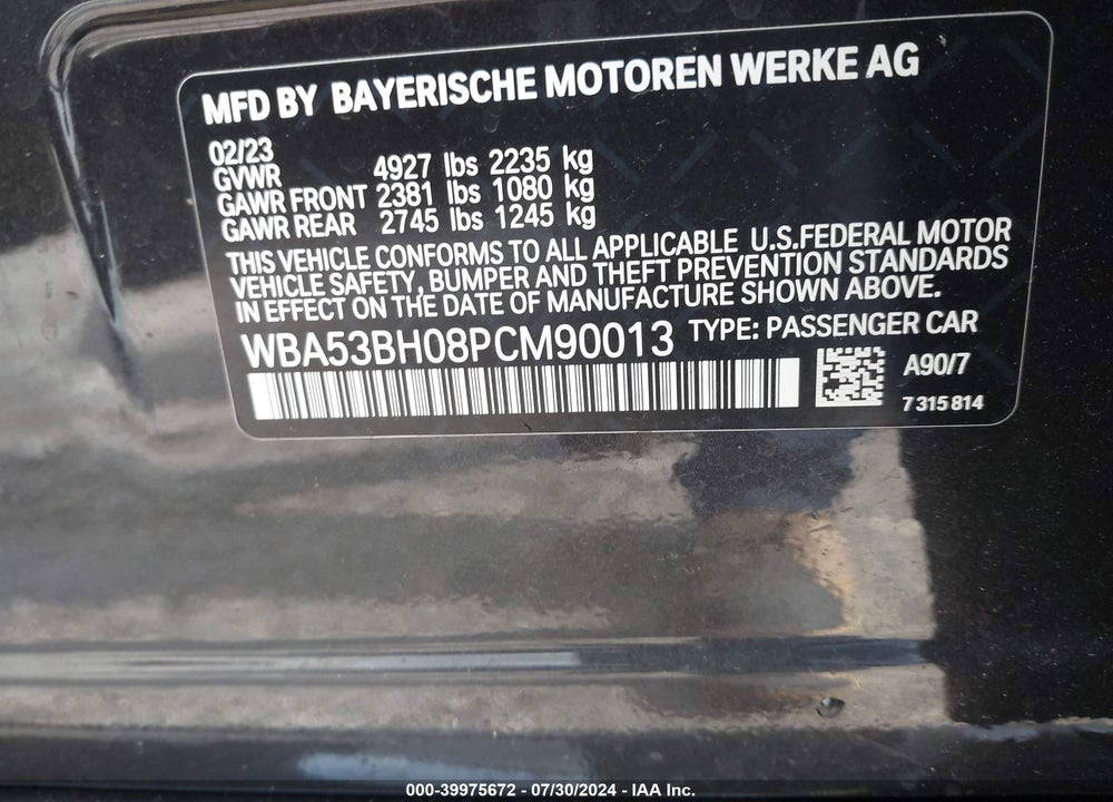 2023 BMW 530 I VIN: WBA53BH08PCM90013