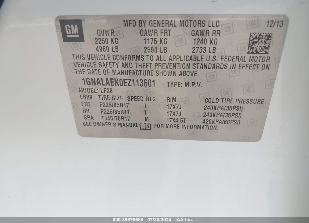 2014 CHEVROLET EQUINOX LS VIN: 1GNALAEK0EZ113601