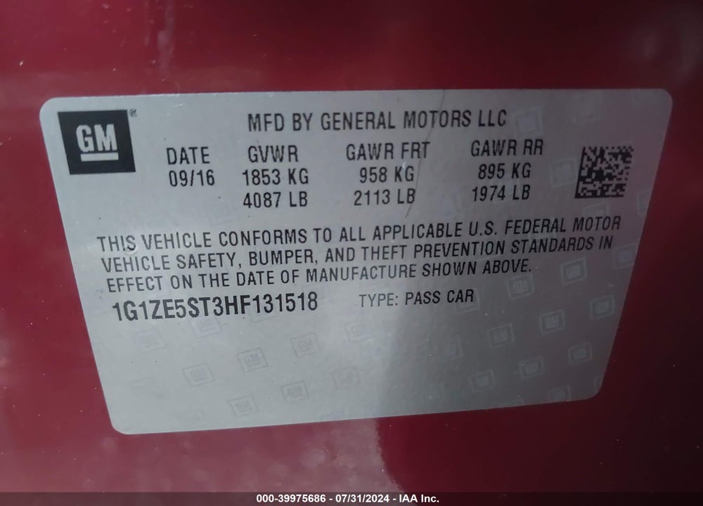 2017 CHEVROLET MALIBU 1LT VIN: 1G1ZE5ST3HF131518