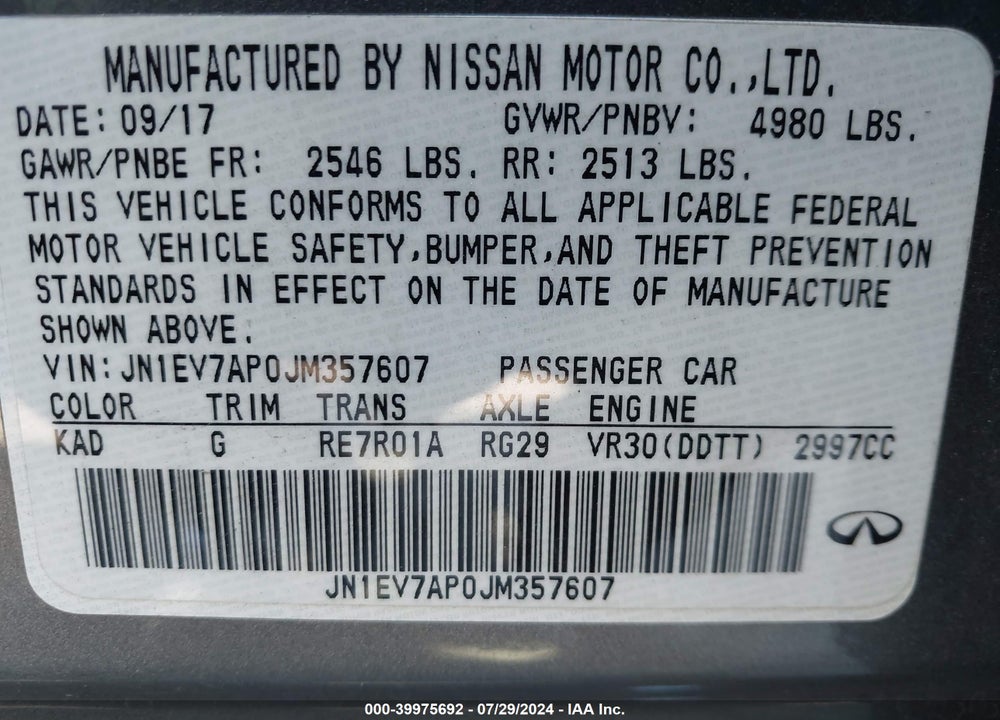 2018 INFINITI Q50 3.0T LUXE VIN: JN1EV7AP0JM357607