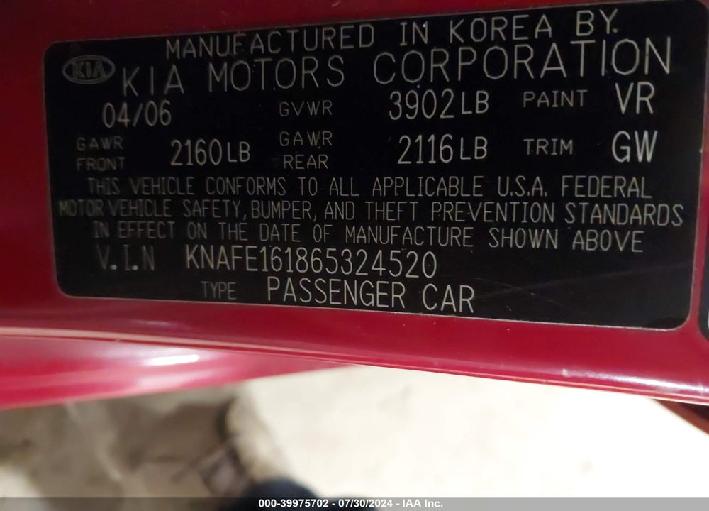 2006 KIA SPECTRA5 VIN: KNAFE161865324520