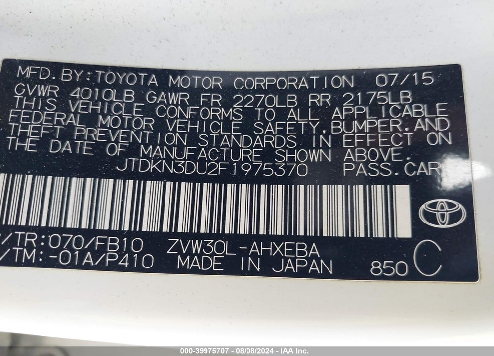 2015 TOYOTA PRIUS VIN: JTDKN3DU2F1975370