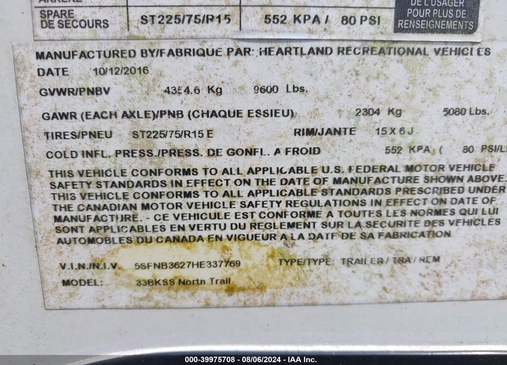 2017 HEARTLAND NORTH TRAI VIN: 5SFNB3627HE337769