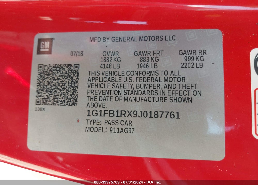 2018 CHEVROLET CAMARO 1LT VIN: 1G1FB1RX9J0187761