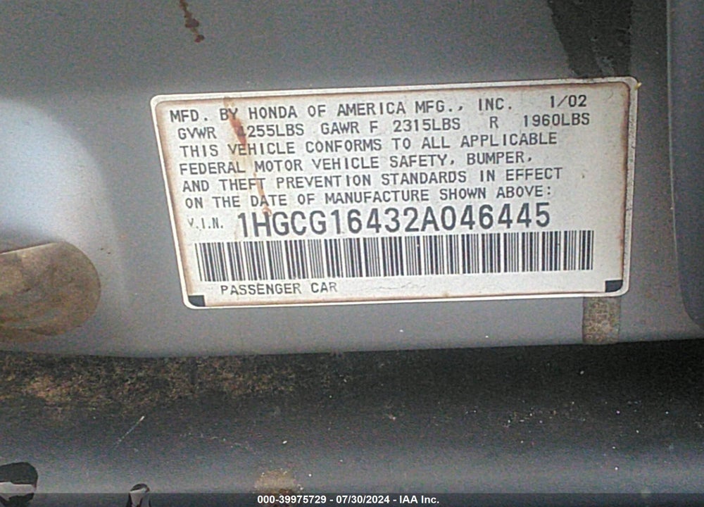 2002 HONDA ACCORD VIN: 1HGCG16432A046445