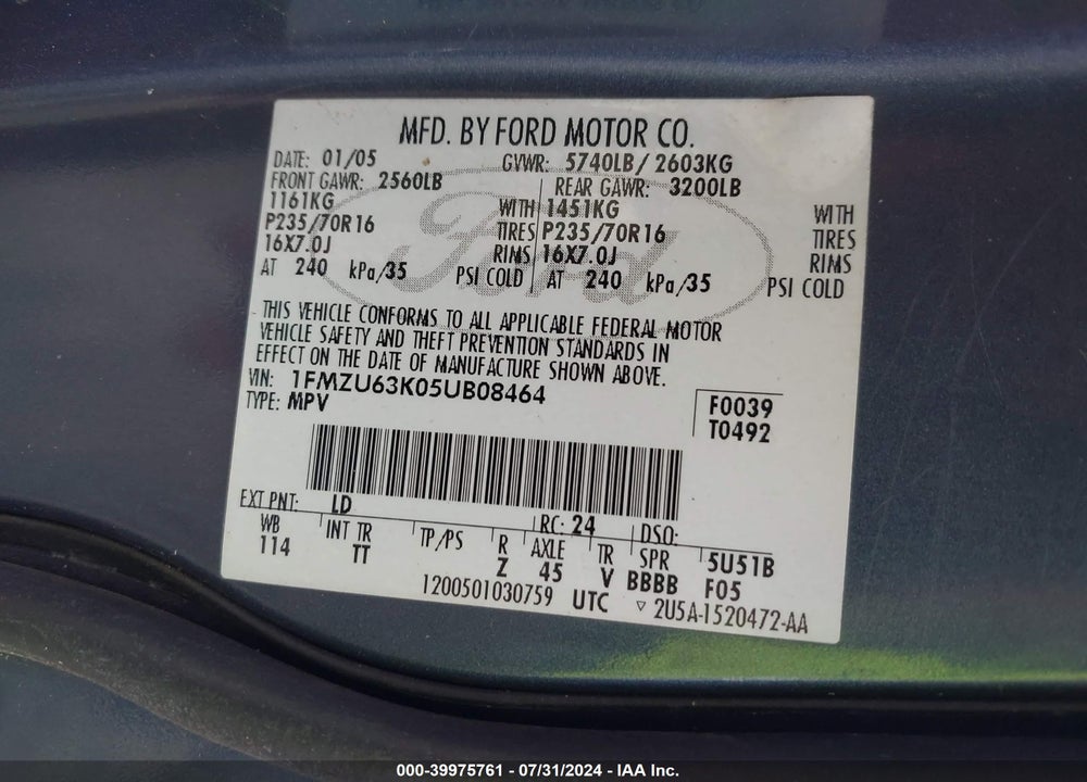 2005 FORD EXPLORER VIN: 1FMZU63K05UB08464