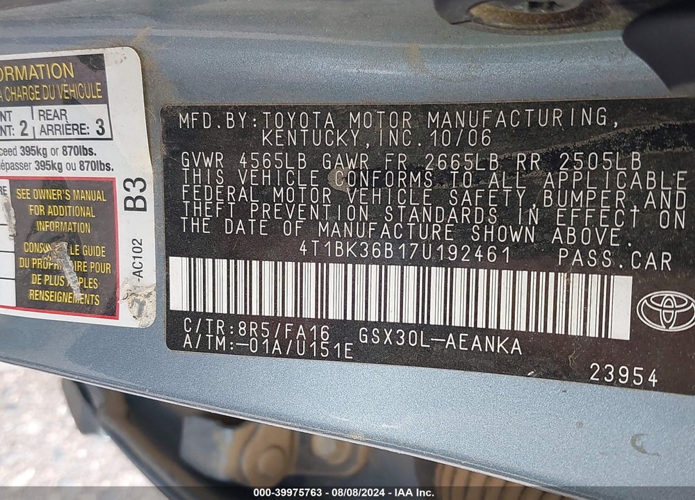 2007 TOYOTA AVALON XL VIN: 4T1BK36B17U192461