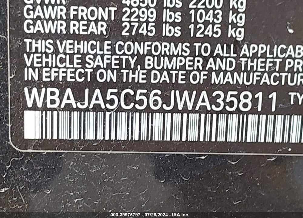2018 BMW 530I VIN: WBAJA5C56JWA35811