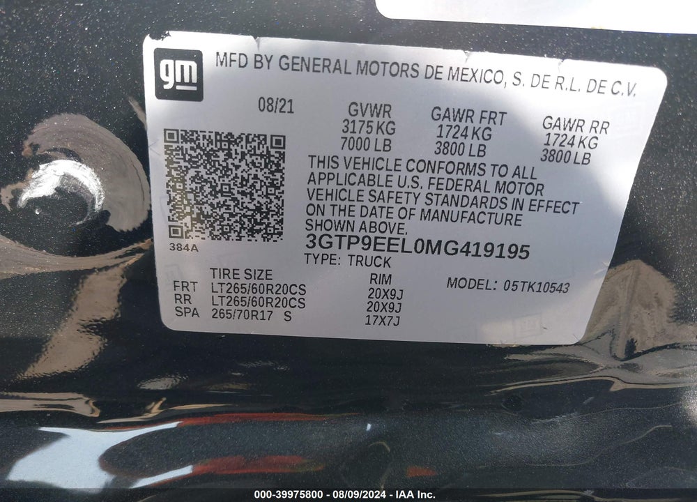 2021 GMC SIERRA 1500 4WD SHORT BOX AT4 VIN: 3GTP9EEL0MG419195