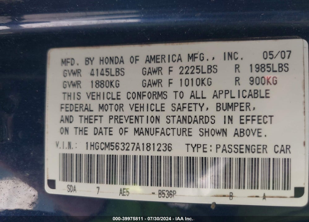 2007 HONDA ACCORD 2.4 SE VIN: 1HGCM56327A181236