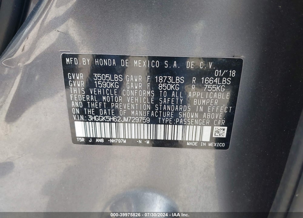 2018 HONDA FIT SPORT VIN: 3HGGK5H62JM729759