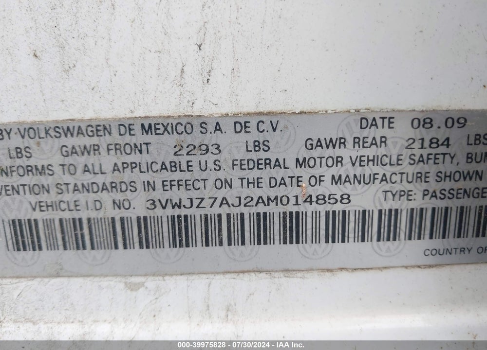 2010 VOLKSWAGEN JETTA S VIN: 3VWJZ7AJ2AM014858