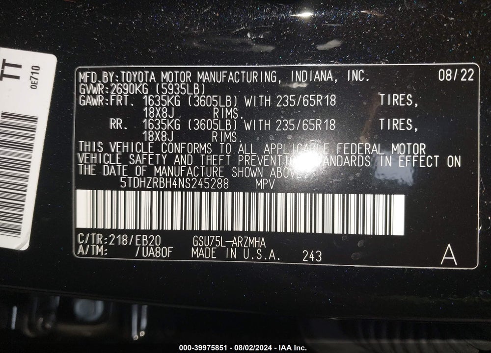 2022 TOYOTA HIGHLANDER XLE VIN: 5TDHZRBH4NS245288