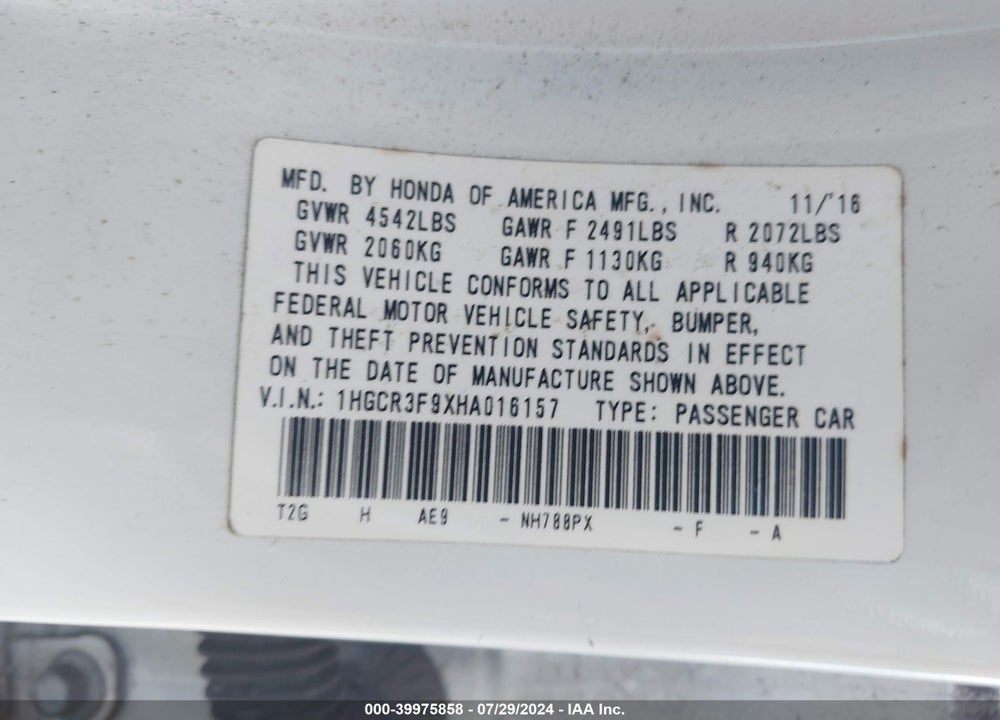 2017 HONDA ACCORD TOURING V6 VIN: 1HGCR3F9XHA016157