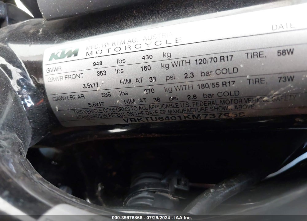 2019 KTM 790 DUKE VIN: VBKTU6401KM737958
