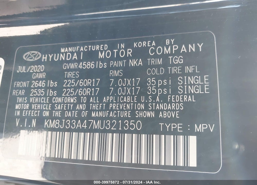 2021 HYUNDAI TUCSON VALUE VIN: KM8J33A47MU321350
