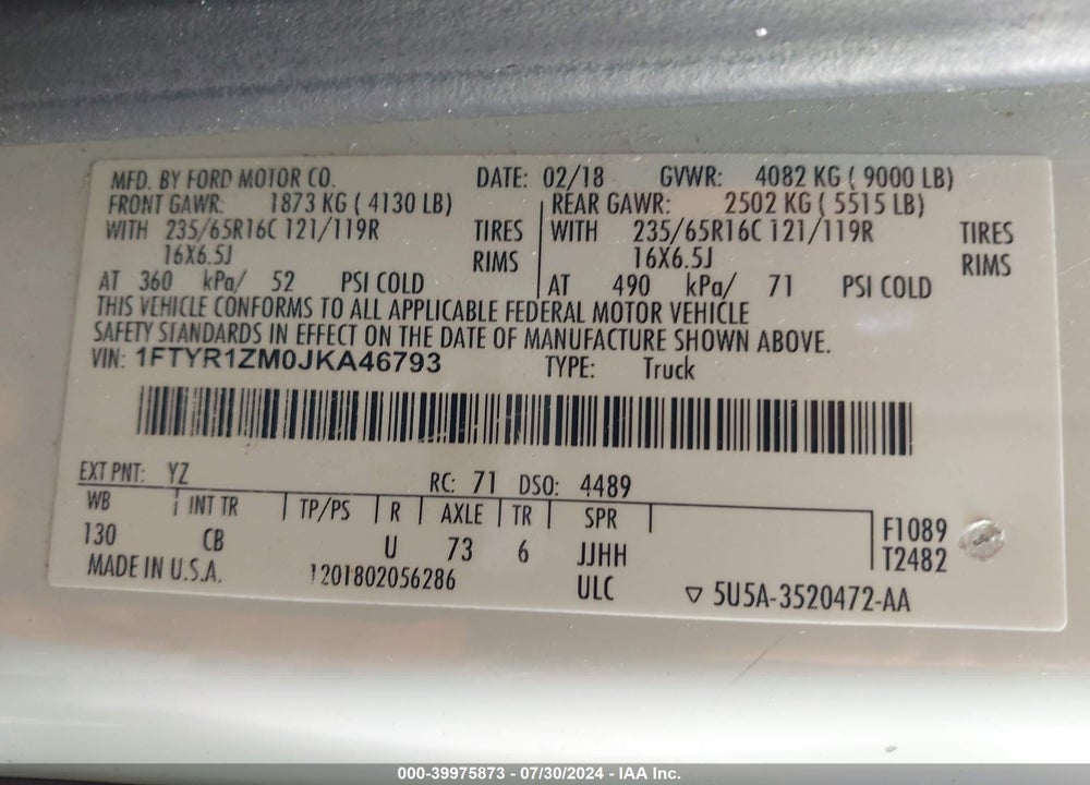 2018 FORD TRANSIT-250 VIN: 1FTYR1ZM0JKA46793