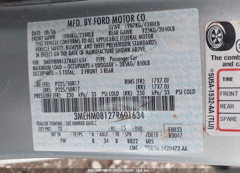 2007 MERCURY MILAN V6 PREMIER VIN: 3MEHM08127R601634