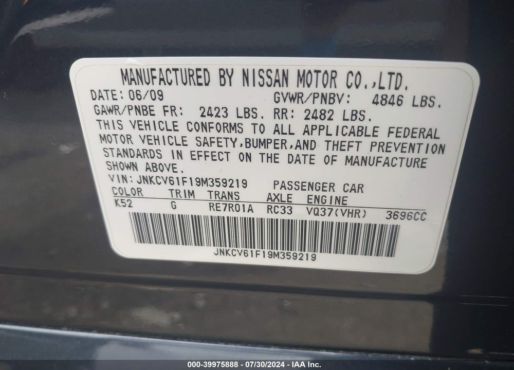 2009 INFINITI G37X VIN: JNKCV61F19M359219