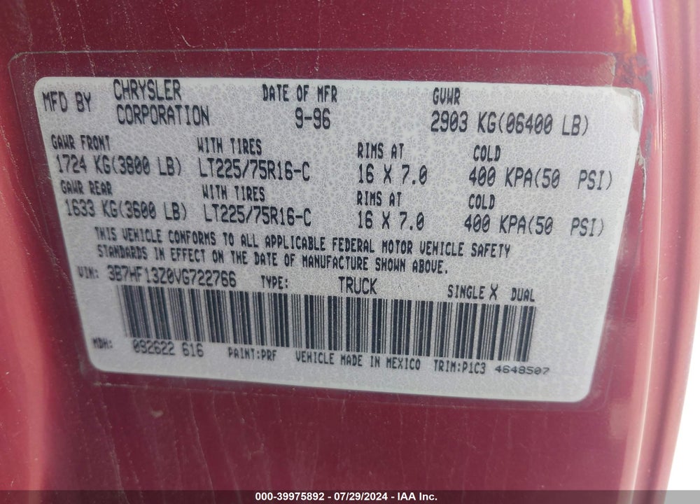 1997 DODGE RAM 1500 ST VIN: 3B7HF13Z0VG722766