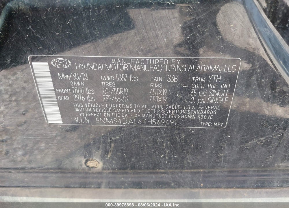 2023 HYUNDAI SANTA FE LIMITED VIN: 5NMS4DAL6PH569491