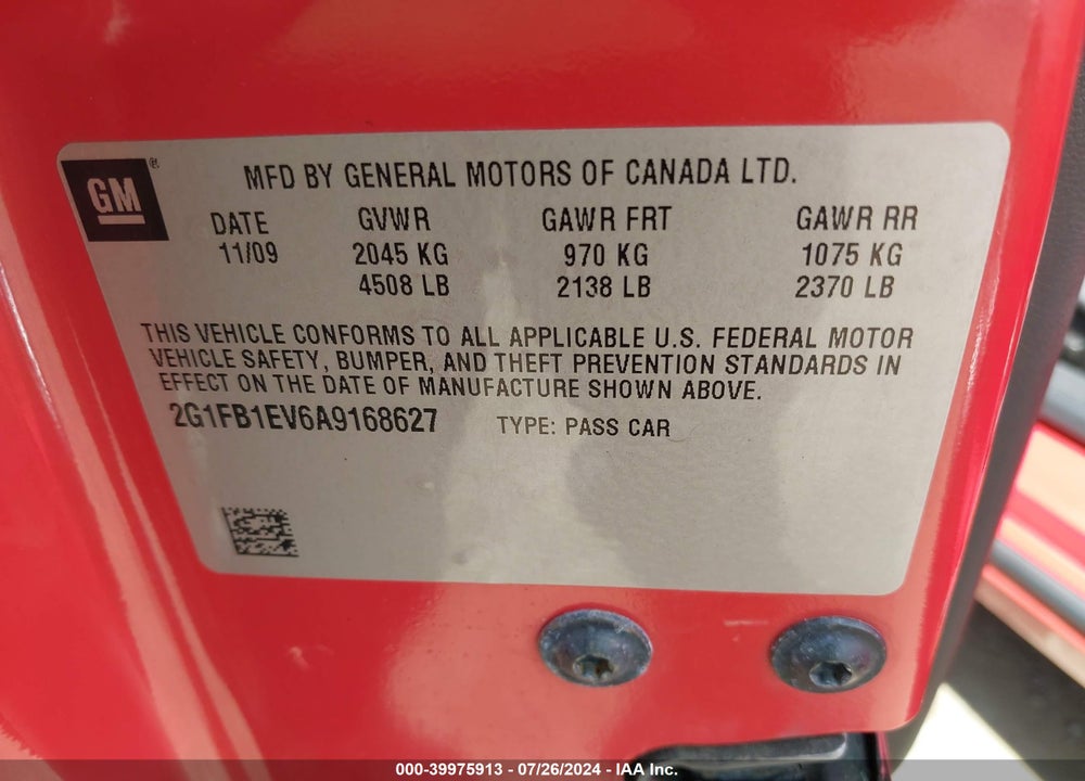 2010 CHEVROLET CAMARO 1LT VIN: 2G1FB1EV6A9168627