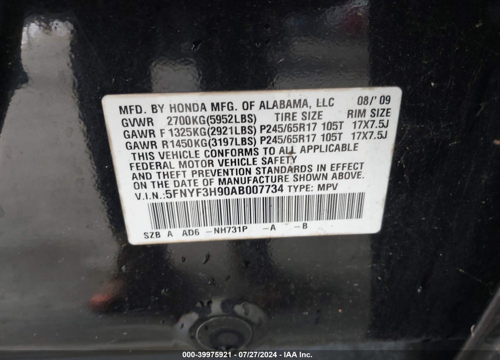 2010 HONDA PILOT TOURING VIN: 5FNYF3H90AB007734
