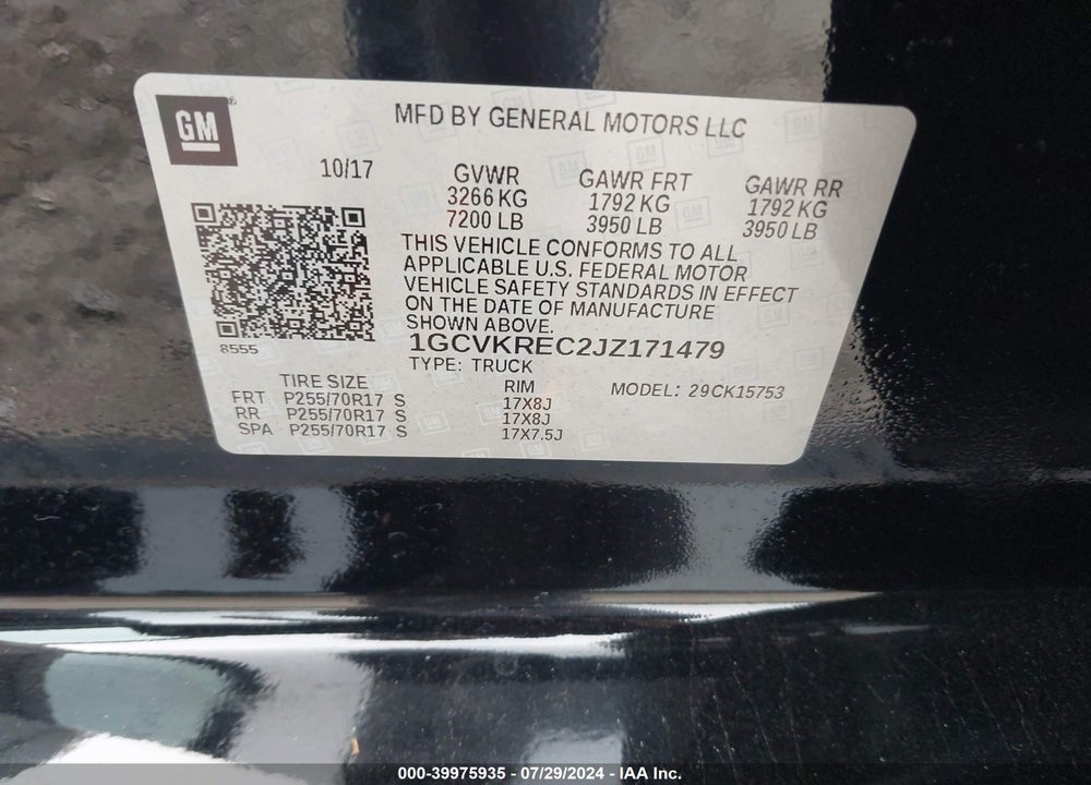 2018 CHEV SILVERADO VIN: 1GCVKREC2JV171479