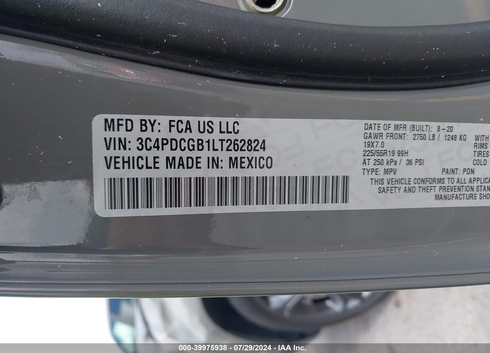 2020 DODGE JOURNEY CROSSROAD VIN: 3C4PDCGB1LT262824