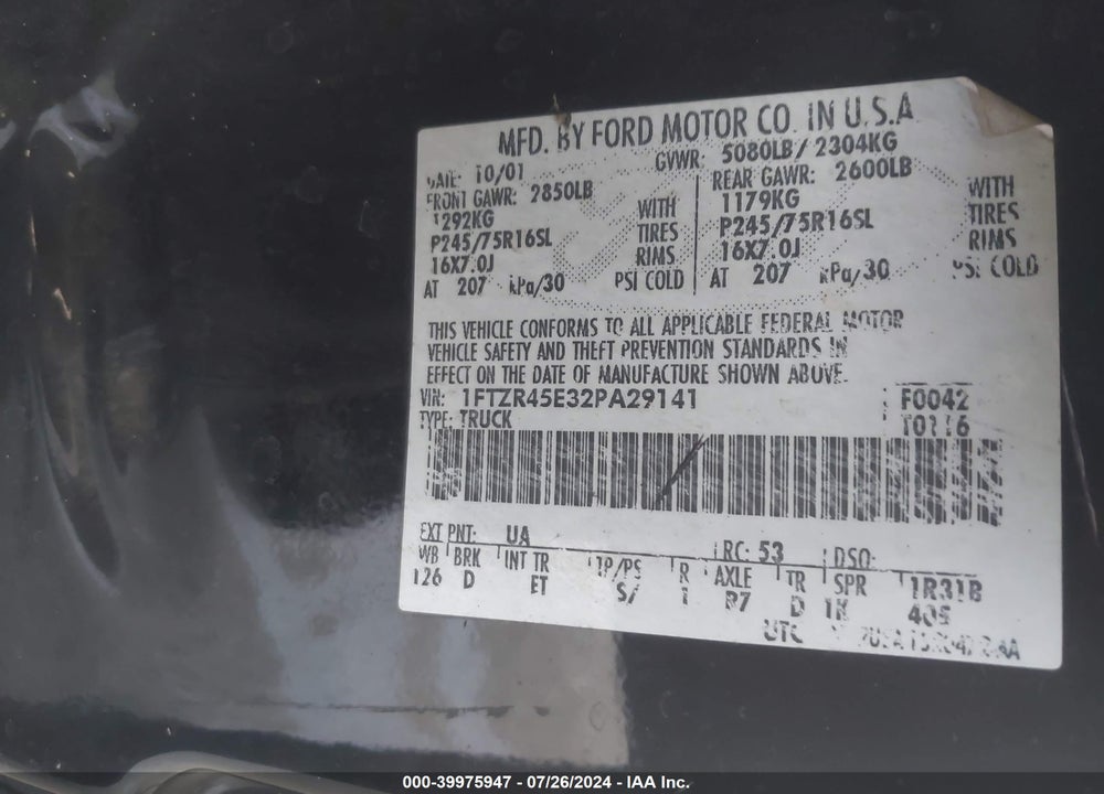 2002 FORD RANGER EDGE/XLT VIN: 1FTZR45E32PA29141