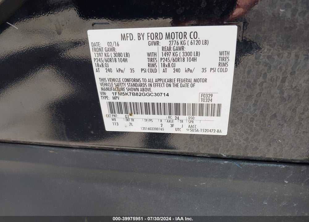 2016 FORD EXPLORER VIN: 1FM5K7B82GGC30714