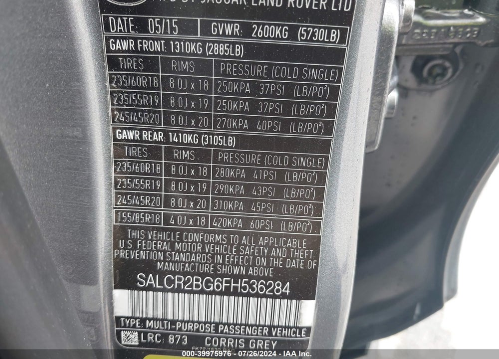 2015 LAND ROVER DISCOVERY SPORT VIN: SALCR2BG6FH536284