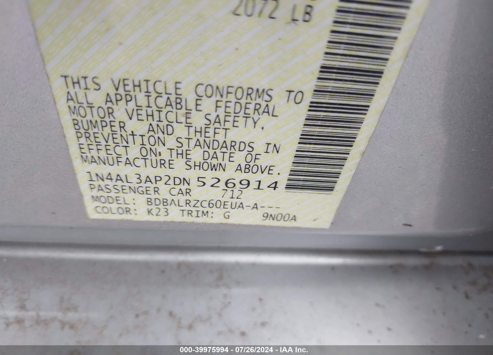 2013 NISSAN ALTIMA 2.5 S VIN: 1N4AL3AP2DN526914