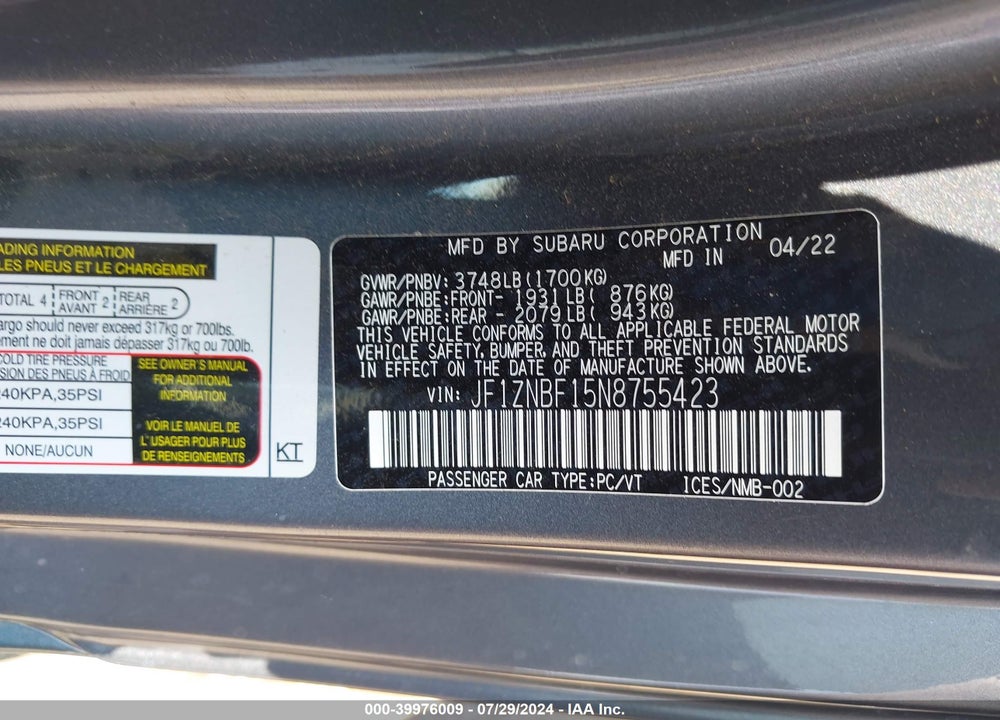 2022 TOYOTA GR86 PREMIUM VIN: JF1ZNBF15N8755423