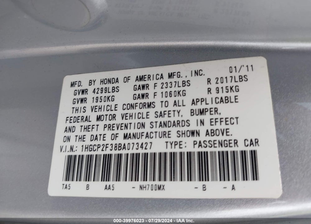 2011 HONDA ACCORD 2.4 LX VIN: 1HGCP2F38BA073427