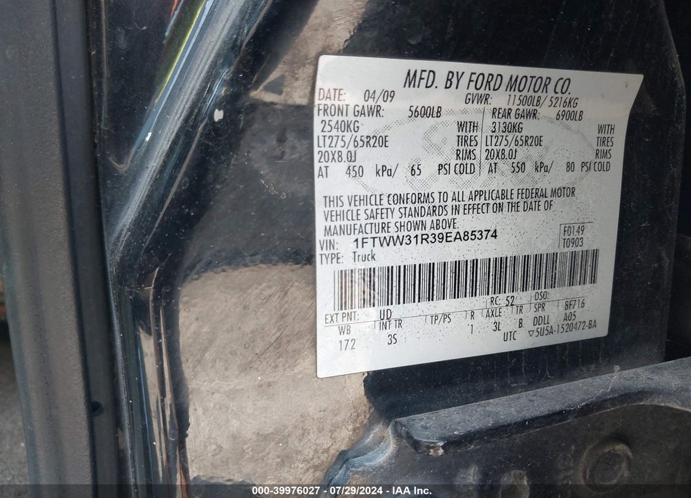 2009 FORD F-350 FX4/HARLEY-DAVIDSON/KING RANCH/LARIAT/XL/XLT VIN: 1FTWW31R39EA85374
