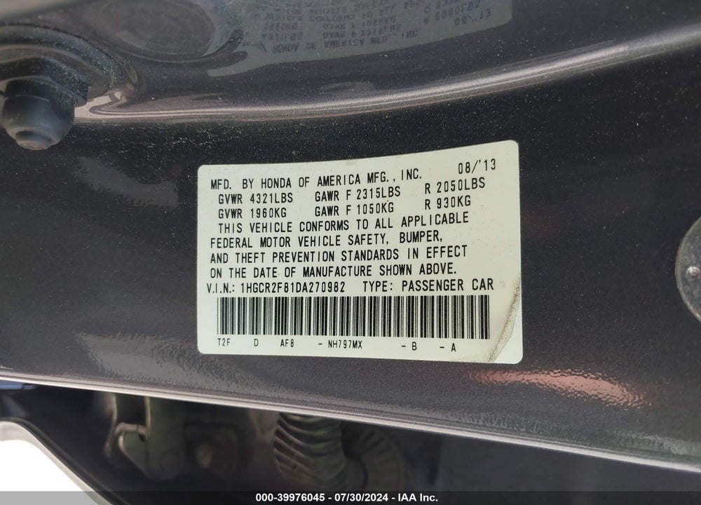 2013 HONDA ACCORD EX-L VIN: 1HGCR2F81DA270982