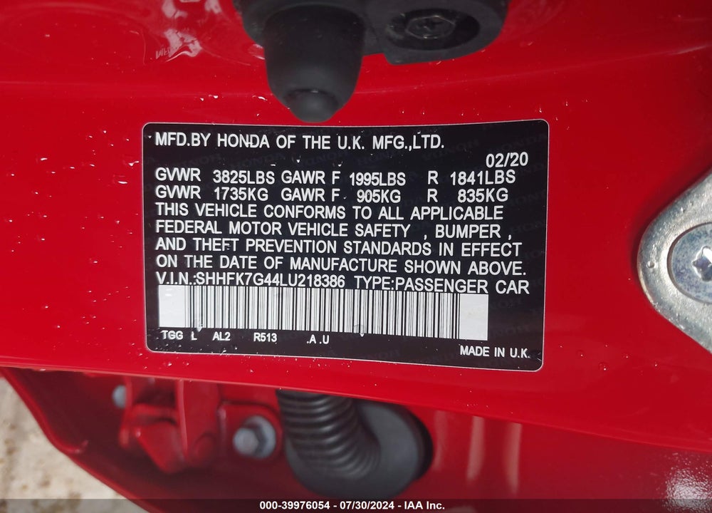 2020 HONDA CIVIC SPORT VIN: SHHFK7G44LU218386