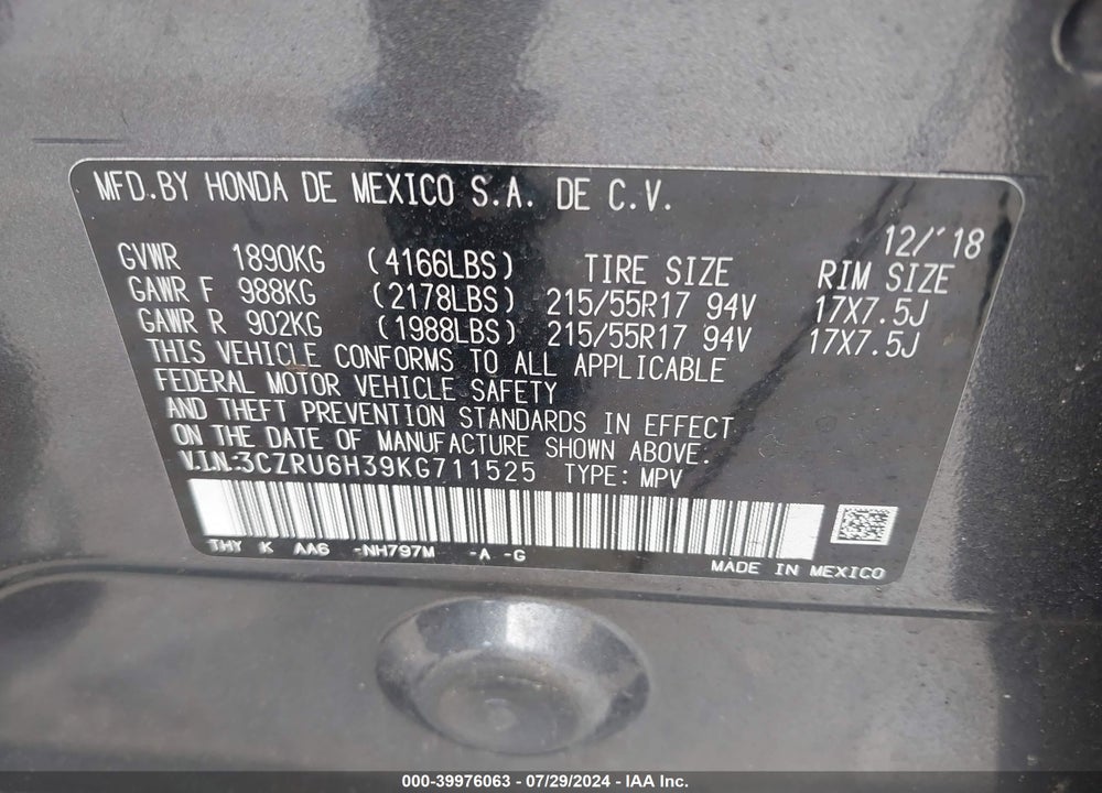 2019 HONDA HR-V LX VIN: 3CZRU6H39KG711525