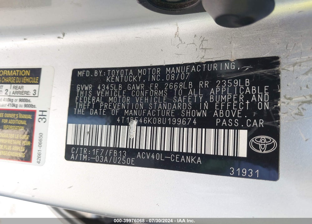 2008 TOYOTA CAMRY VIN: 4T1BE46K08U199674